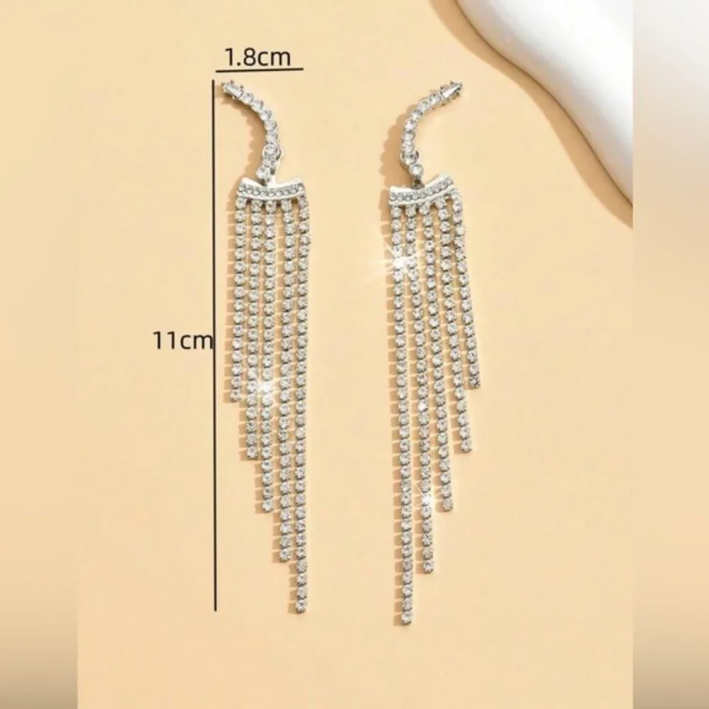 Silver Rhinestone Elegant Tassel Drop Earrings For Wedding Party Gift Women